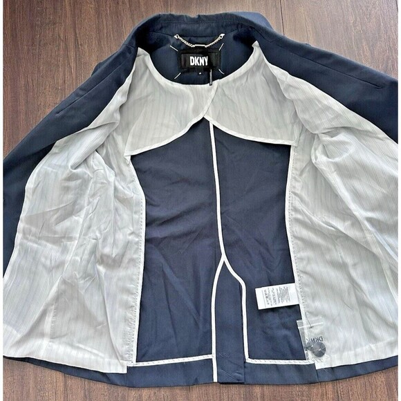 DKNY Women's Petite One-Button Blazer Cotton Zip-Pockets Formal Jacket Navy 14P - Picture 10 of 13